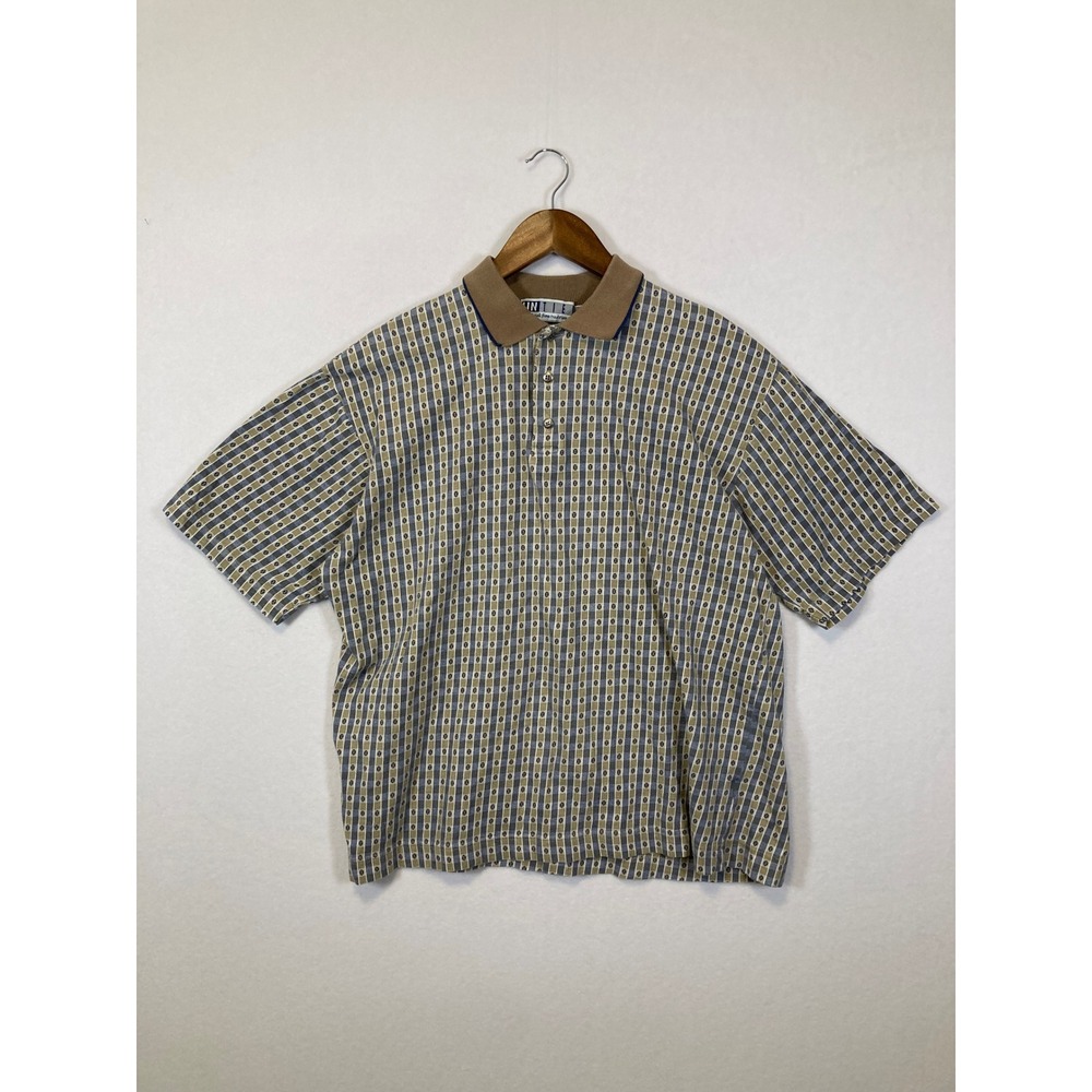Untied Polo Shirt Mens XL‎ Tan Blue Geometric Stripe Cotton Short Sleeve